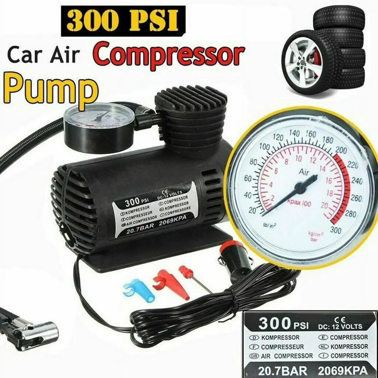 Compressor de ar portátil 300 PSI – Inflador elétrico para pneus de automóvel