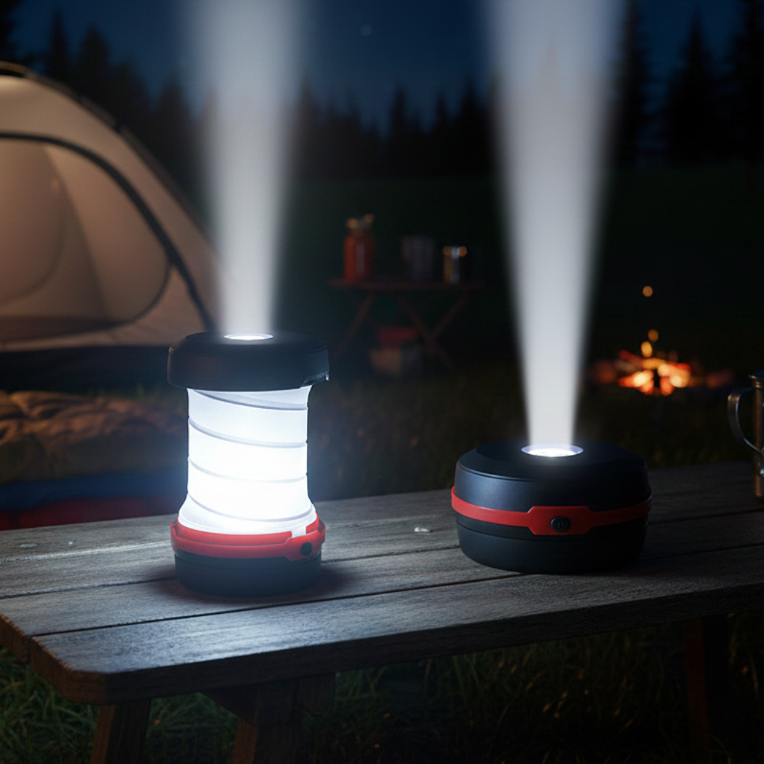 Lanterna LED dobrável com base magnética.