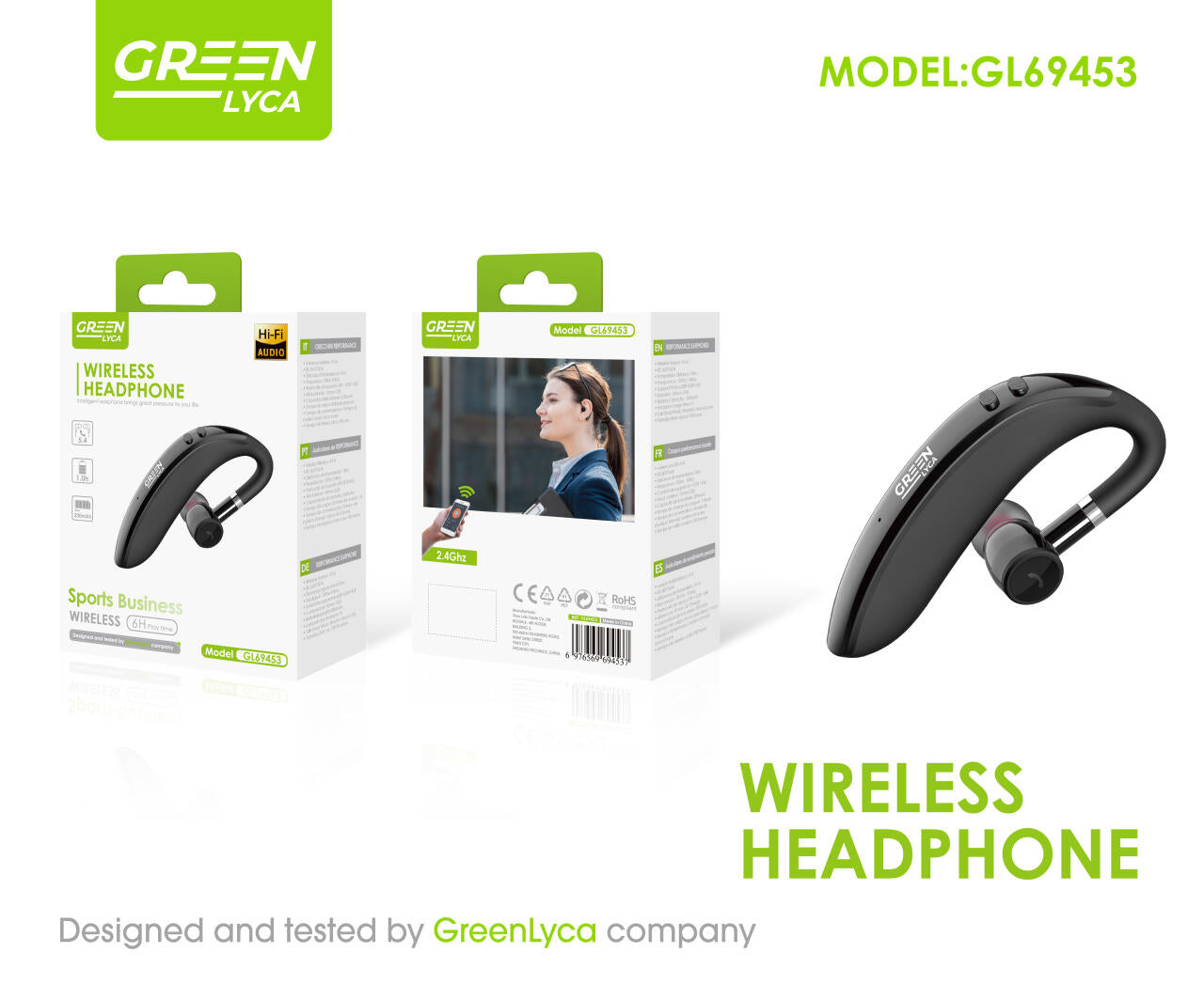 Auricular Bluetooth ligero y cómodo, BT 5.4, Green Lyca