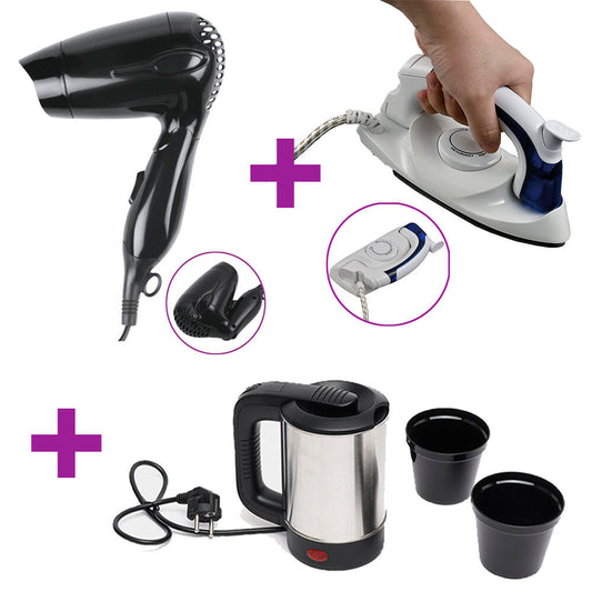 Pack Viaje Plancha De Vapor, Hervidor De Acero 0,5L & Secador De Pelo Con Mango Plegable
